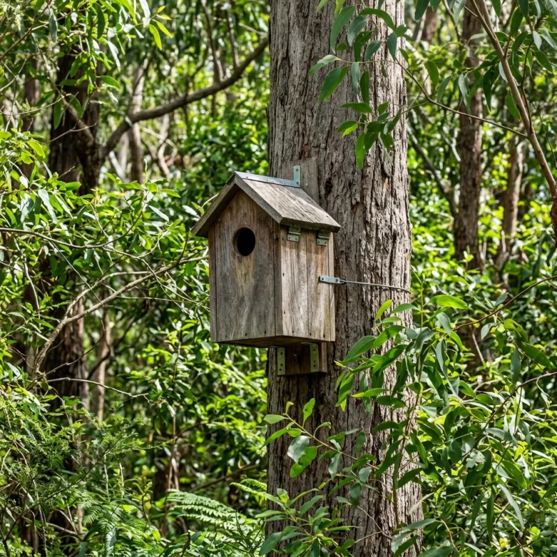 Animal nesting box installed as a humane alternative to a Carrum roof cavity