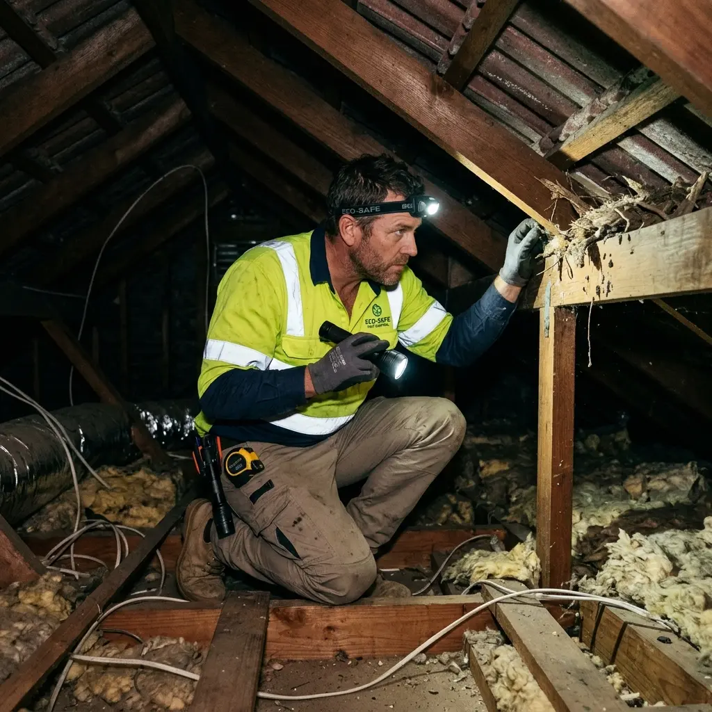 Technician inspecting a roof cavity for a dead animal in Carrum